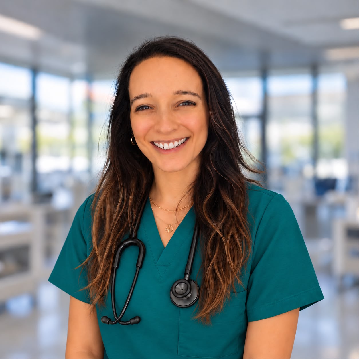 Dr. Ellie Fiszer smiling, wearing teal scrubs and a stethoscope